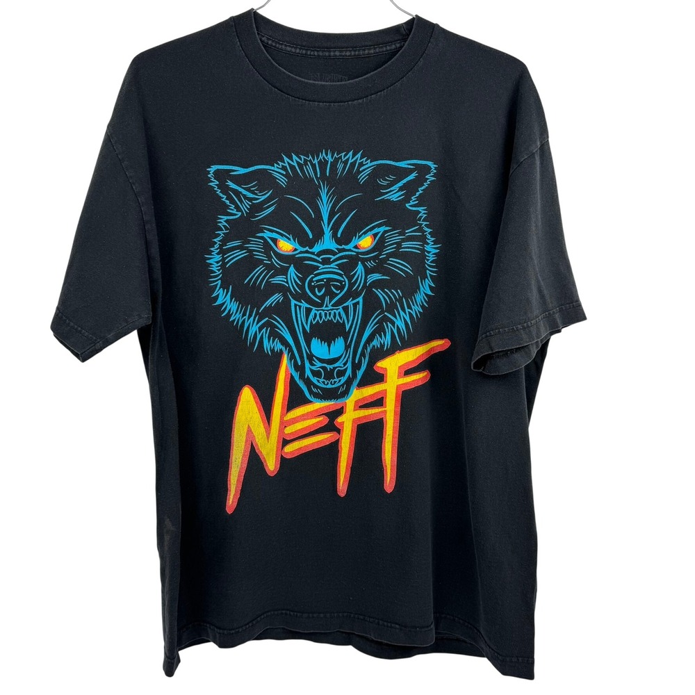 NEFF Graphic T Shirt Men's Black Wolf Print‎ Short Sleeve Soft Cotton Large